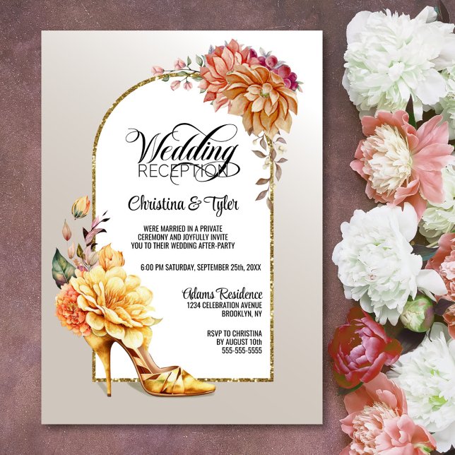 Orange Gold Floral Arch Hochzeitsempfang Einladung (Von Creator hochgeladen)