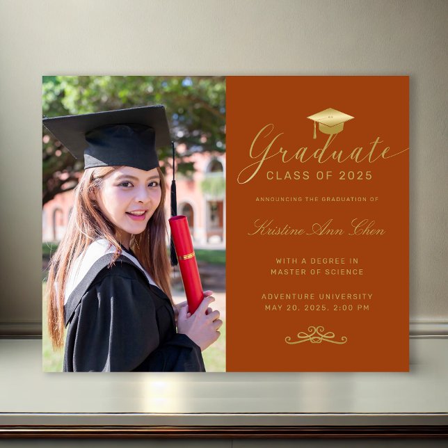 Orange Gold Formal Script Foto Abschluss (Budget Orange Gold Formal Script Photo Graduation Announcement)