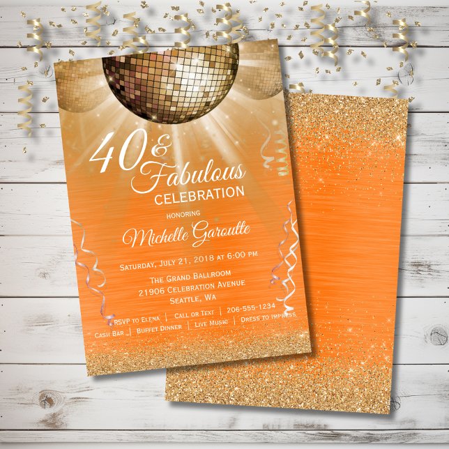 Orange Gold Glam 40 und fabelhafte Disco Geburtsta Einladung (Orange Gold Glam 40 and Fabulous Disco Birthday Invitation)