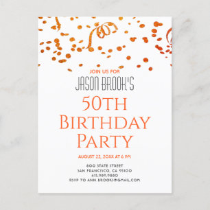 Orange Gold Glitzer Confetti White 50. Geburtstag Einladungspostkarte