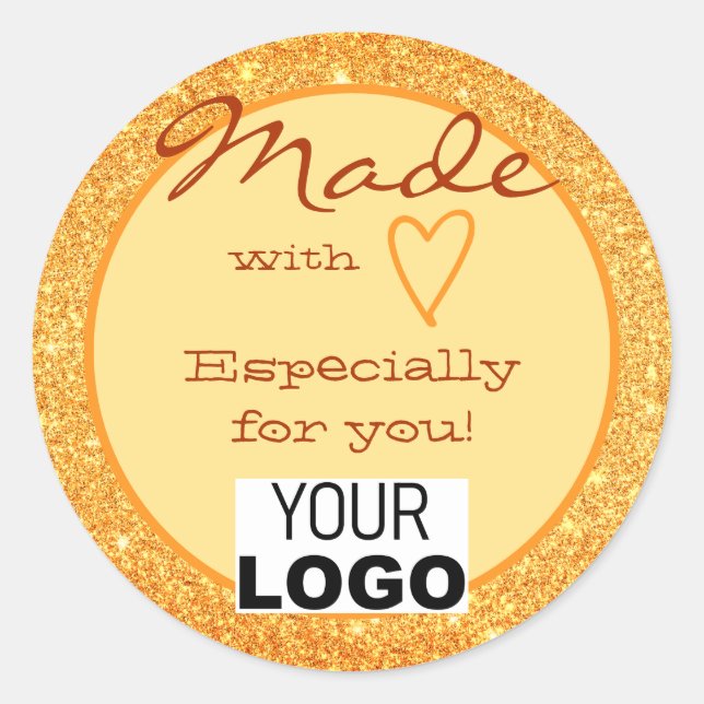 Orange Gold Glitzer Made with Liebe Heart Logo Runder Aufkleber (Vorderseite)