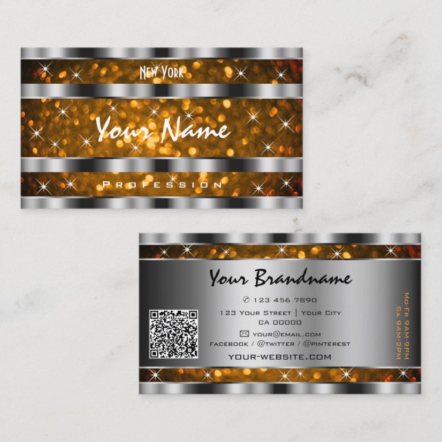 Orange Gold Glitzer Sparkle Stars QR Code Silver Visitenkarte (Vorne/Hinten)