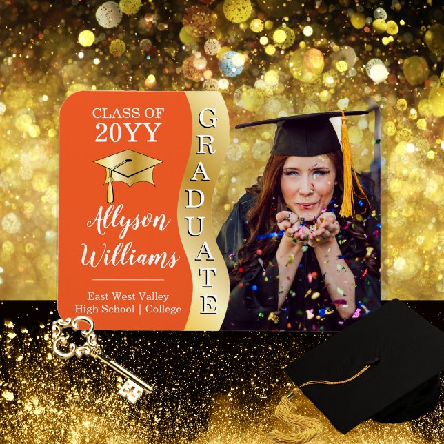 Orange | Gold Graduate Wave Grad Cap Foto Magnet (Elegant Classy Orange and Gold Tone "Graduate" Wave Grad Cap Photo Graduation Magnet Announcement)