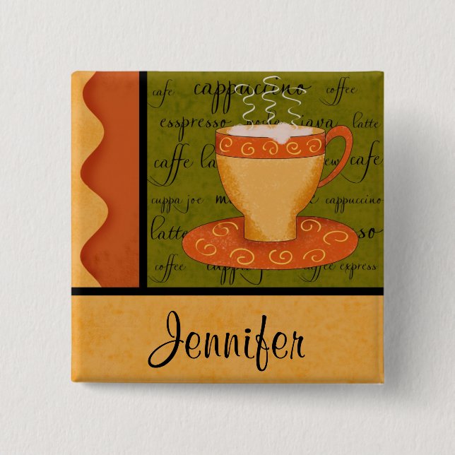 Orange Gold Green Coffee Cup Art Individuelle Name Button (Vorderseite)