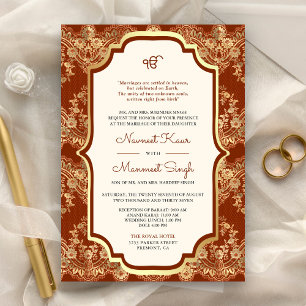Orange Gold Lace QR Code Anand Karaj Sikh Wedding Einladung