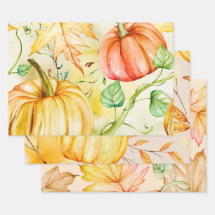 ORANGE & GOLD PUMPKINS & HERBSTLAUB GESCHENKPAPIER SET