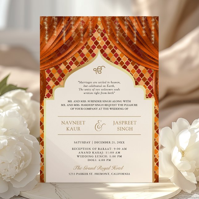 Orange Gold Quatrefoil QR Code Sikh Wedding Einladung (Von Creator hochgeladen)