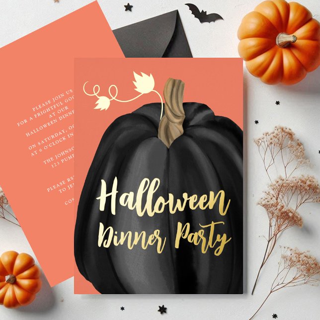 Orange Gold Script Pumpkin Halloween Dinner Party Folieneinladung (Orange Gold Script Pumpkin Halloween Dinner Party Foil Invitation)