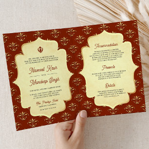 Orange Gold Verziert Anand Karaj Sikh Wedding Einladung