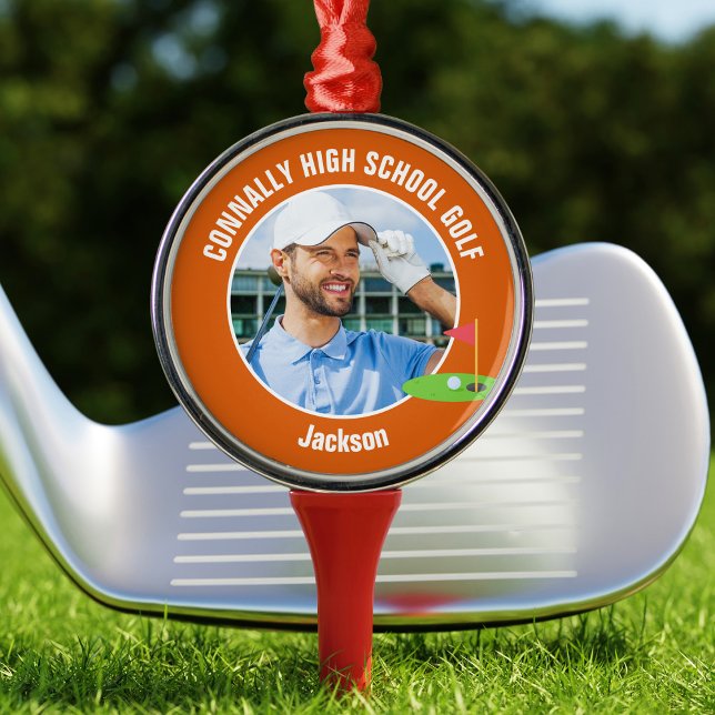 Orange Golfer Photo Custom Golf Team Christmas Ornament Aus Metall (Von Creator hochgeladen)
