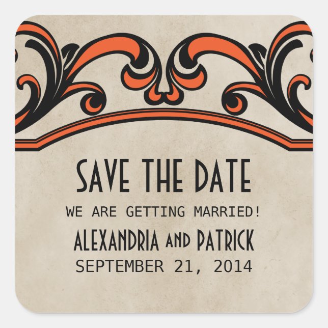 Orange Gothic-Wirbel Save the Date Stickers (Vorderseite)