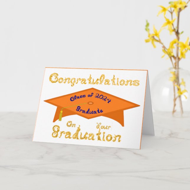 Orange Grad Cap Gold Blue Graduate Class 2024 Hat Karte (Gelbe Blume)