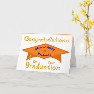 Orange Grad Cap Gold Blue Graduate Class 2024 Hat Karte