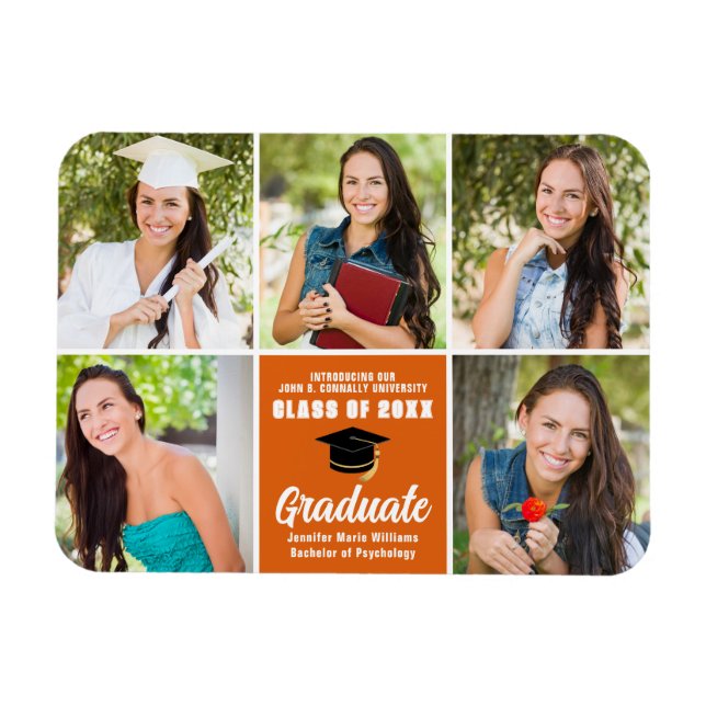 Orange Graduate Foto Collage Chic Abschluss Magnet (Horizontal)