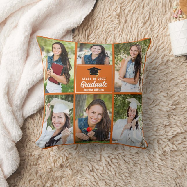 Orange Graduate Foto Collage Custom Abschluss Kissen (Decke)