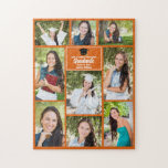 Orange Graduate Senior Foto Collage Abschluss Puzzle<br><div class="desc">Dieses moderne orangefarbene Collage Puzzle für Senior Foto-Absolventen zeigt Ihre Lieblings-9 Studentenfotos. Dieses Abschluss-Design zeigt klassische weiße Typografie Ihres High School- oder Uni-Namens für die Klasse von 2023. Passen Sie dieses Sake-Geschenk mit Ihrem geschlossen Jahr unter der schwarzen Graduierenkappe an. Es verfügt über 2 horizontale Bilder, 5 vertikale Fotos und...</div>