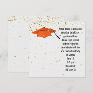 Orange Graduation Cap mit Gold Confetti Einladung