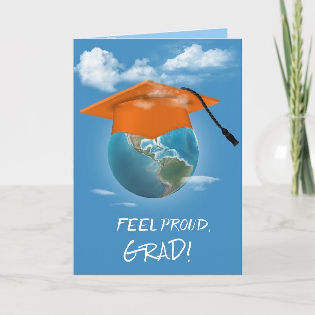 Orange Graduation Cap on Planet Earth Karte (Vorderseite)