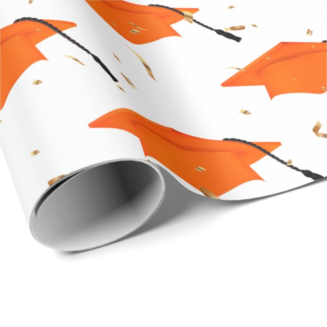 Orange Graduation Caps und Gold Confetti Geschenkpapier (Rolleneckpunkt)