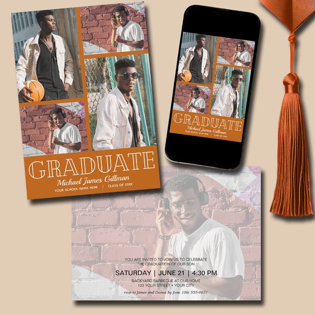 Orange Graduierungsparty mit mehreren Fotos Einladung (Multi Photo Burnt Orange Graduation Party Invitations - PRINTED and/or INSTANT DOWNLOAD)
