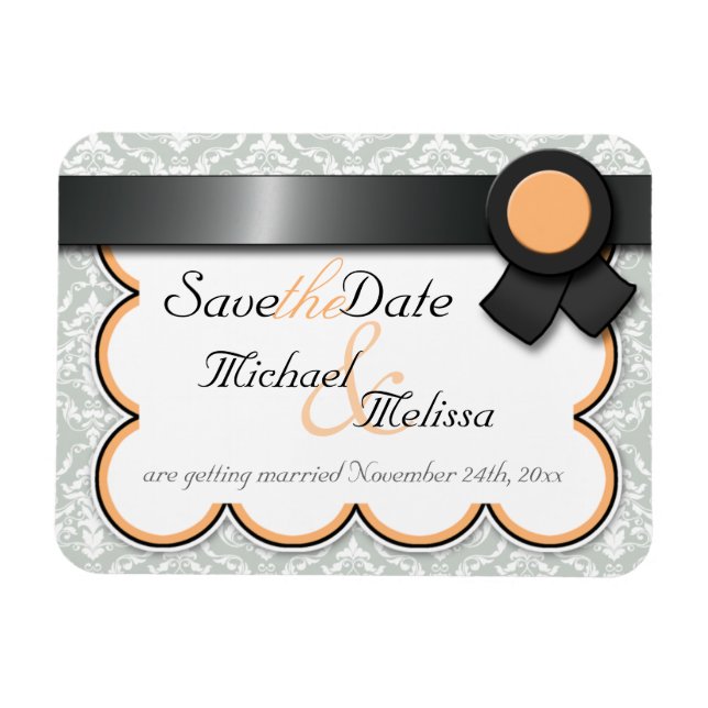 Orange & Grau Damask Save the Date flaches Magnet (Horizontal)