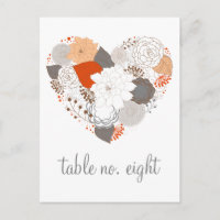 Orange & Grau Herz Blume Tischnummer Postkarte
