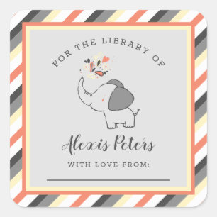 Orange Grauer Elefant Baby Shower Bibliotheks-Exli Quadratischer Aufkleber
