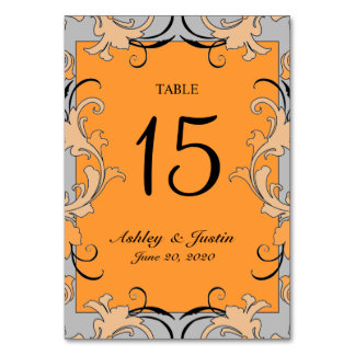 Orange Gray Black Wirbel Wedding Tischnummer Card