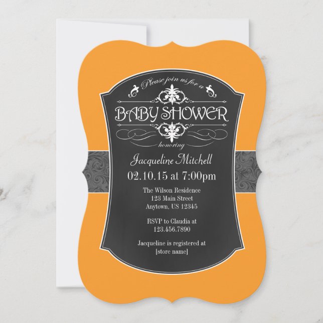 Orange Gray Chalkboard Baby Dusche Einladung (Vorderseite)