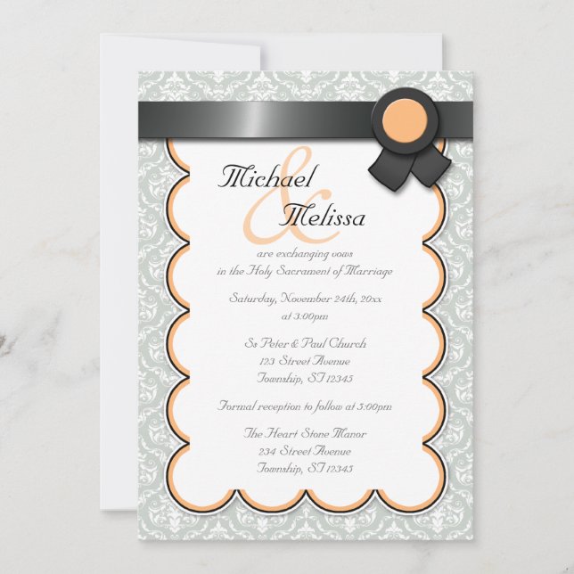 Orange & Gray Damask Hochzeitseinladungen Einladung (Vorderseite)