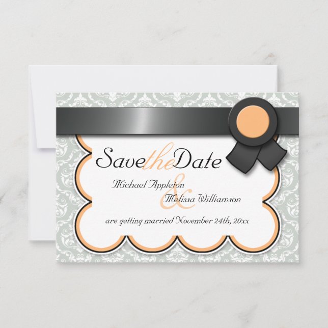 Orange & Gray Damask Speichern Sie die Ankündigung (Vorderseite)