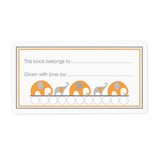 Orange & Gray Elephants Buchzeichen Fill-in-Stil (Vorne)