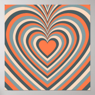 Orange Gray Hypnotic Heart Liebe Pattern Poster