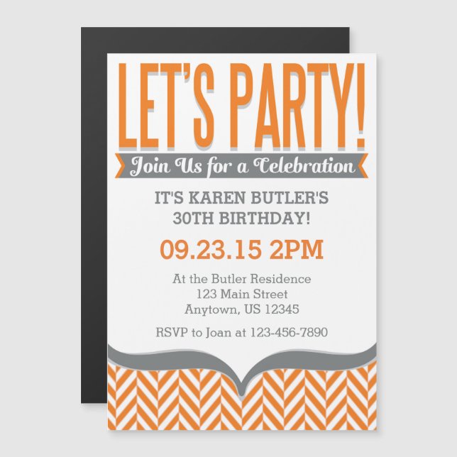 Orange Gray Modern Magnetic Birthday Einladungen (Vorne/Hinten)
