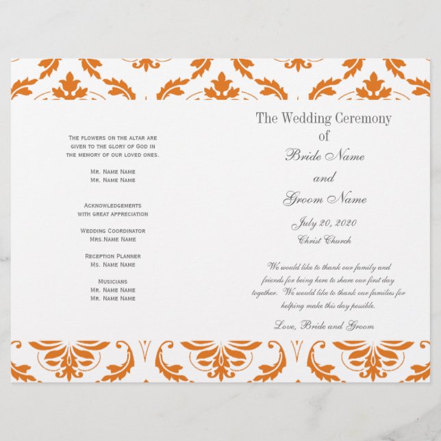 Orange Gray Vintag Damask Wedding Program (Vorderseite)