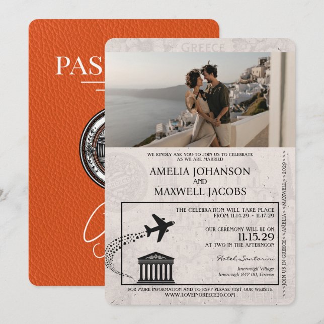 Orange Greece Passport Wedding Einladung (Vorne/Hinten)