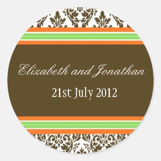 Orange Green and Brown Damask Wedding Sticker (Vorderseite)