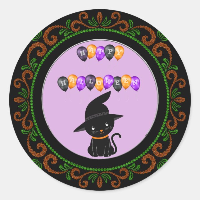 Orange Green Black Cat Happy Halloween Balloons Runder Aufkleber (Vorderseite)