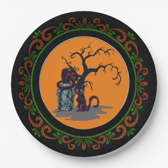 Orange Green Black Cats Grabstein Tree Halloween Pappteller (Vorderseite)