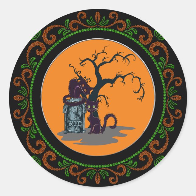 Orange Green Black Cats Grabstein Tree Halloween Runder Aufkleber (Vorderseite)