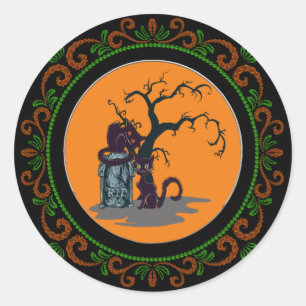 Orange Green Black Cats Grabstein Tree Halloween Runder Aufkleber