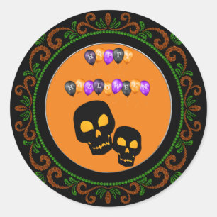Orange Green Black Skulls Happy Halloween Balloons Runder Aufkleber