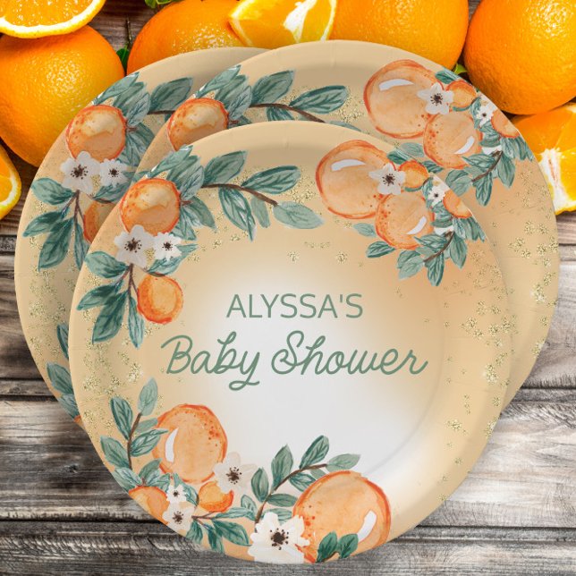 Orange Green Blätter Citrus Baby Shower Pappteller (Little Sweetie Baby Shower custom paper plates)