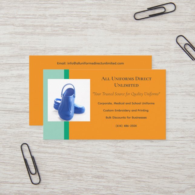 Orange Green Blue Medical Clogs Uniform Visitenkarte (Vorderseite/Rückseite Beispiel)