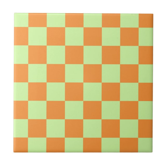 Orange Green Citrus Checkered Gingham Pattern Fliese (Vorderseite)