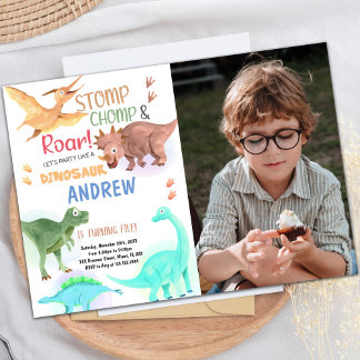 Orange Green Dinosaur Birthday Invitations photo Einladung
