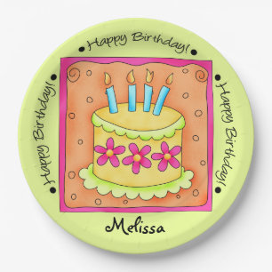 Orange Green Happy Birthday Cake Name Personalisie Pappteller