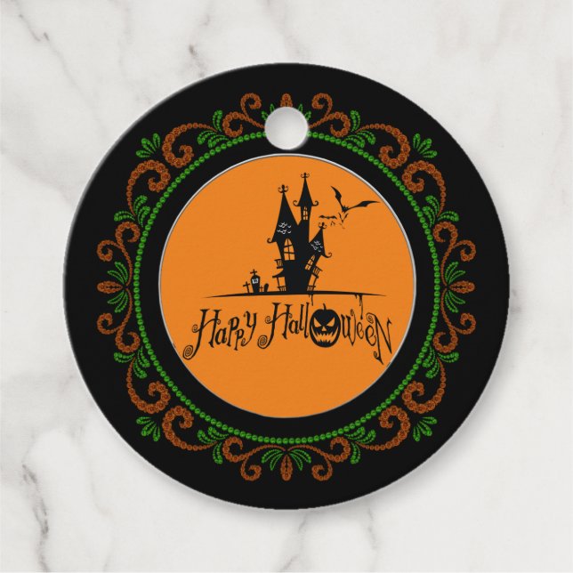 Orange Green Happy Halloween Spuk House Geschenkanhänger (Vorderseite)