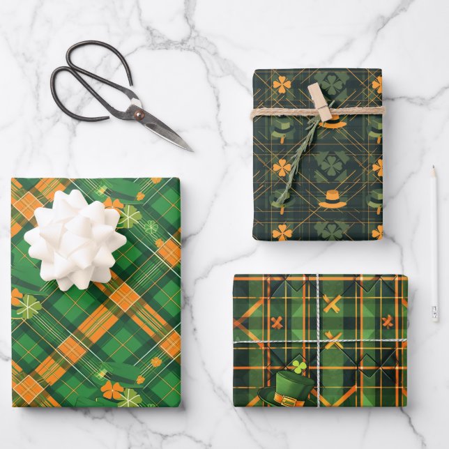 Orange Green Hat St. Patrick Tartan Kariertes Set  Geschenkpapier Set (Vorderseite)