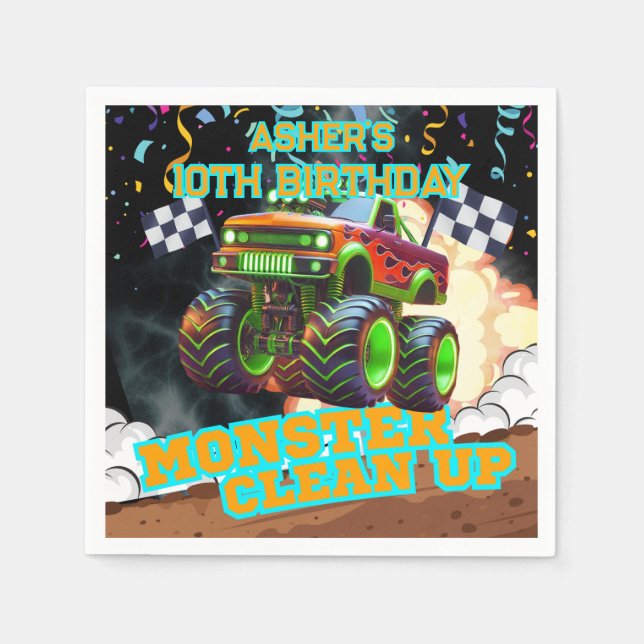 Orange & Green Monster Truck | Geburtstag außerhal Serviette (Vorderseite)